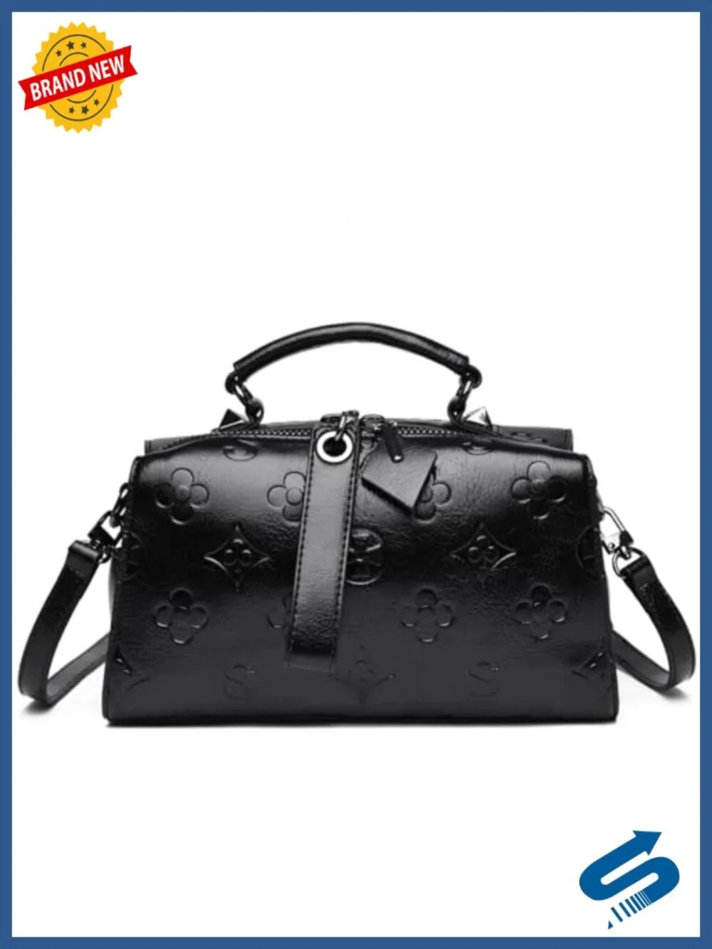 Faux Leather Embossed Crossbody Satchel with Top Handle & Shoulder Strap